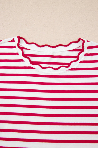 Green Stripe Scalloped Trim Round Neck T Shirt