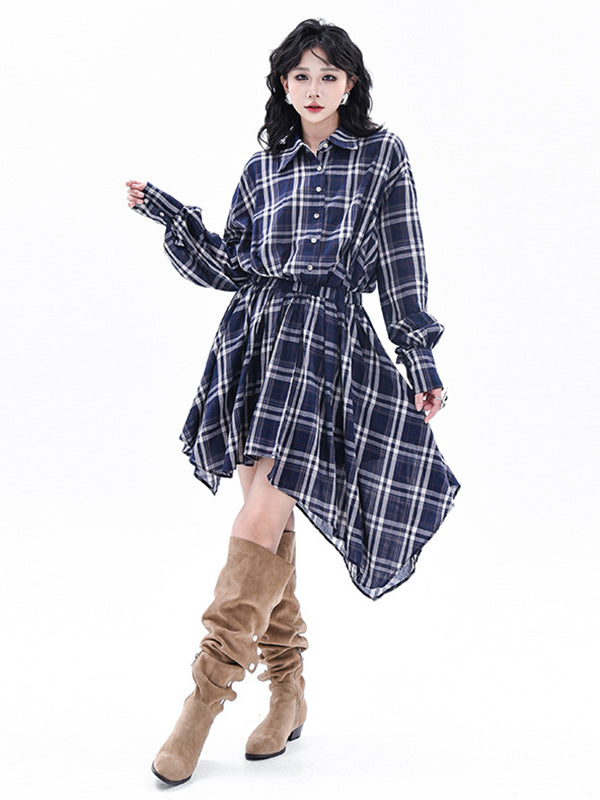 High-Low Irregularity Elasticity Plaid Lapel Collar Midi Dresses