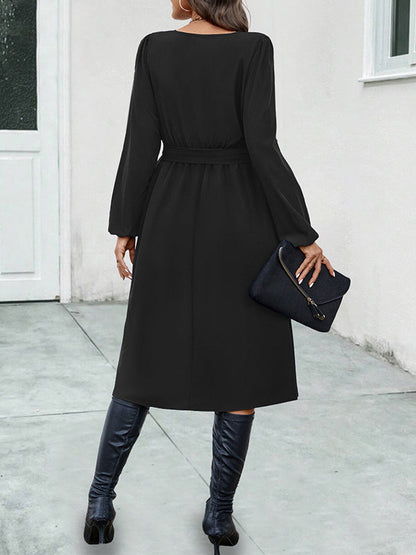 A-Line Long Sleeves Buttoned Solid Color Tied Waist Asymmetric Collar Midi Dresses