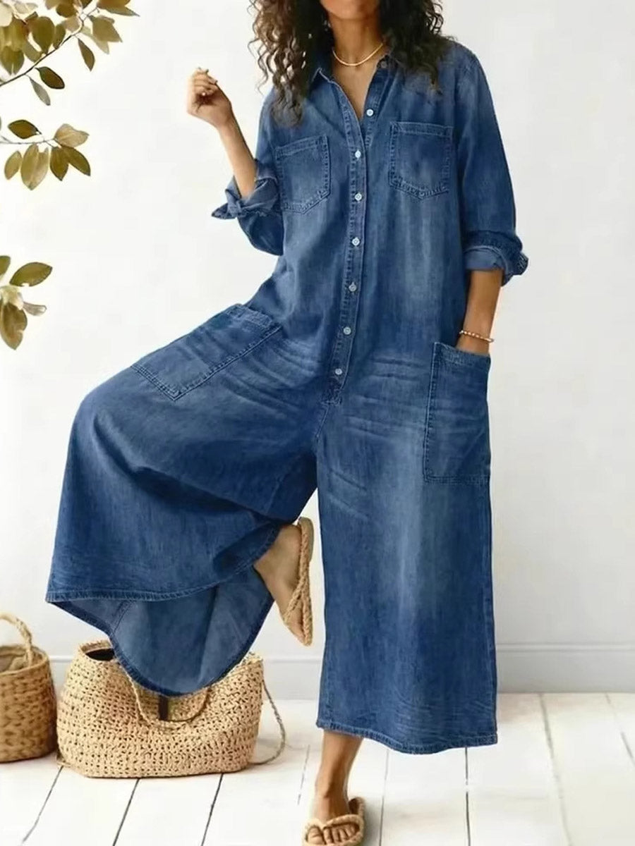 Split-Joint Solid Color Pockets Buttoned Wide Leg Plus Size Lapel Jumpsuits