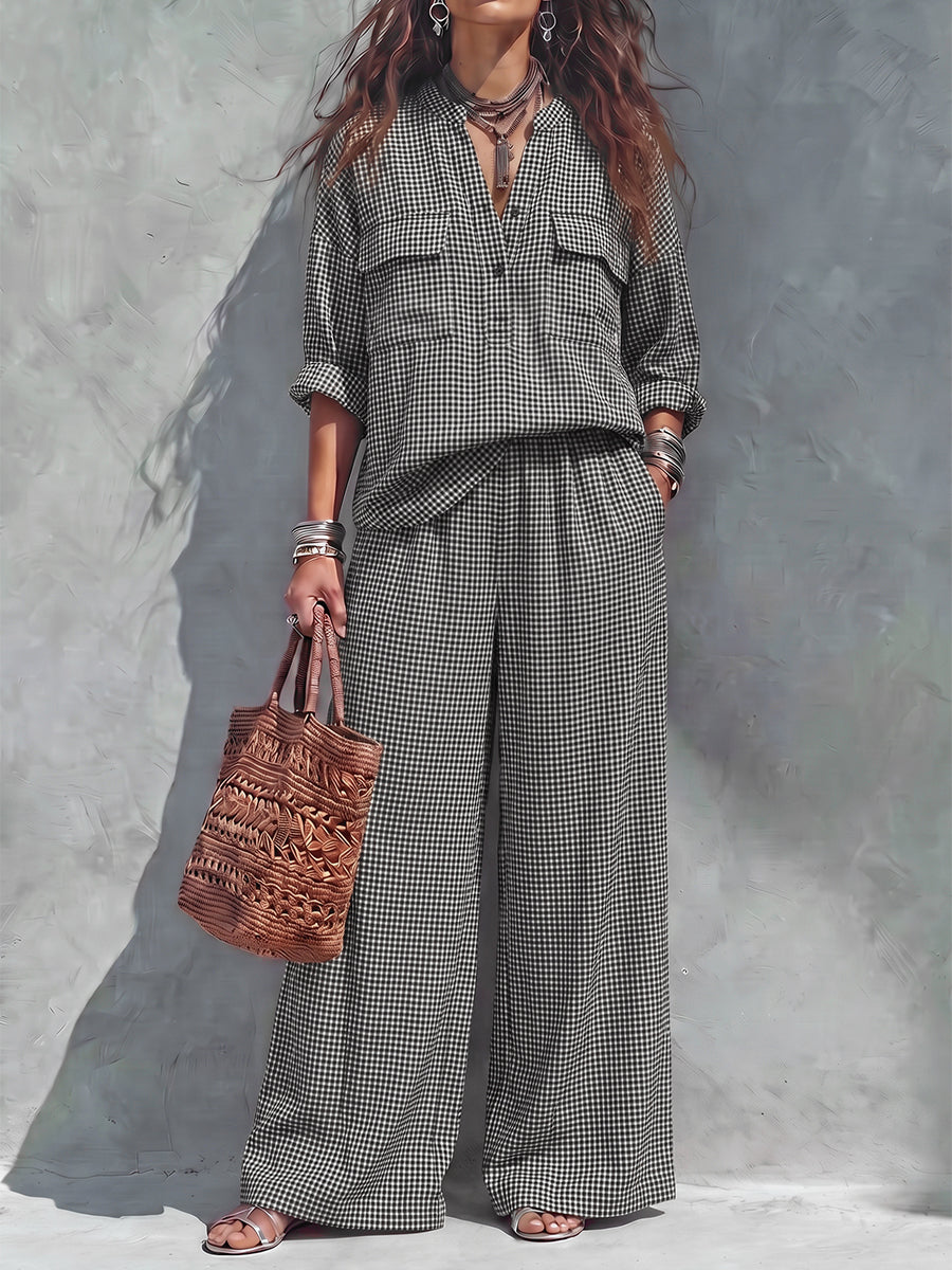 Pockets Plaid Elasticity Contrast Color Wide Leg Loose Trousers Pants