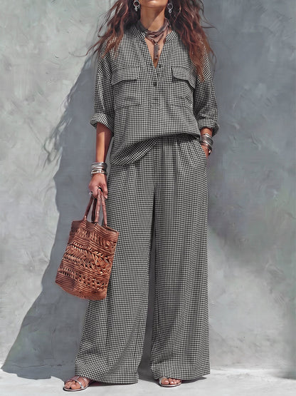 Pockets Plaid Elasticity Contrast Color Wide Leg Loose Trousers Pants