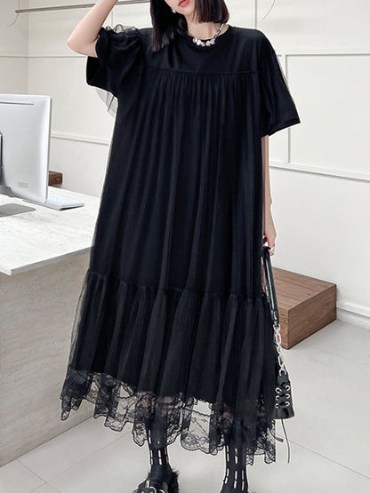 Fake Two-Piece Loose Gauze Pleated Solid Color Split-Joint Tiered Round-Neck Midi Dresses