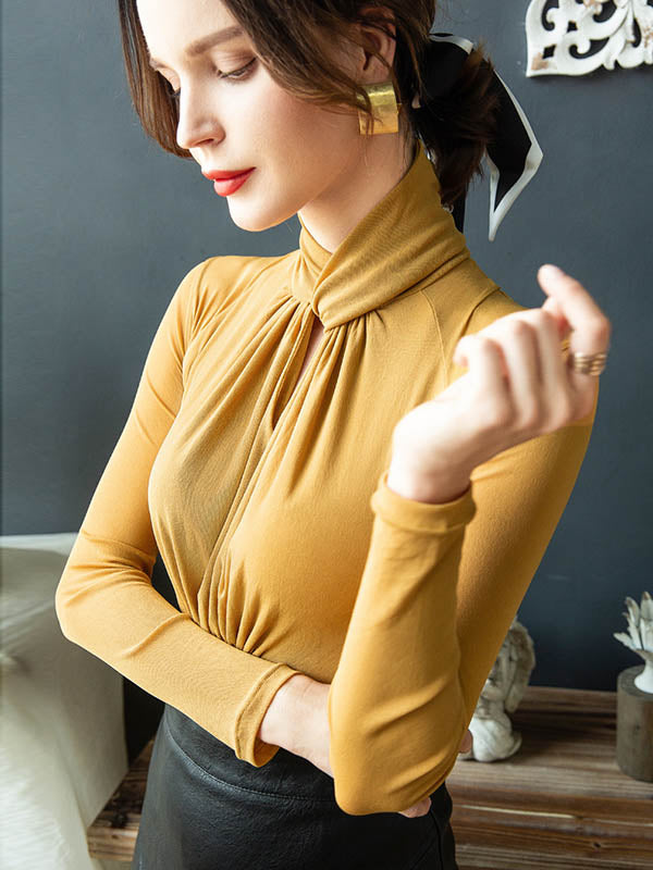 Long Sleeves Plus Size Hollow Mesh Pleated See-Through Solid Color Twist Half Turtleneck Blouses&Shirts Tops