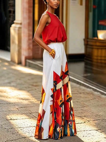 High Waisted Loose Elasticity Pockets Printed Pants Trousers