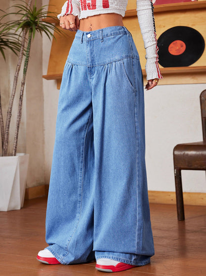 Loose Wide Leg Buttoned Elasticity Pleated Pockets Solid Color Jean Pants Bottoms