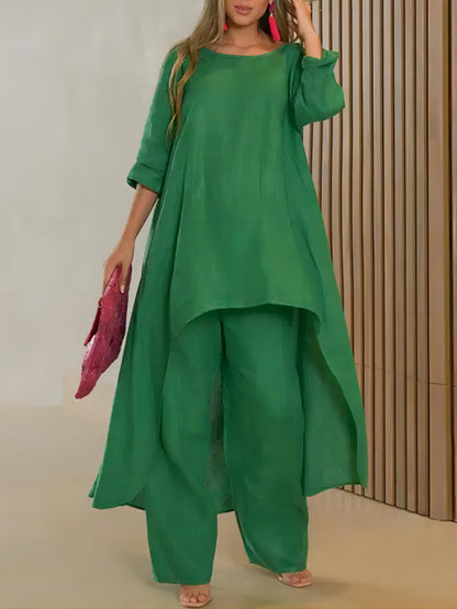 Asymmetric Solid Color High Waist High-Low Round-Neck Tops + Wide Leg Pants Bottoms Two Pieces Set