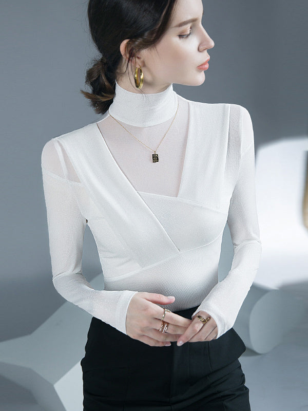 Long Sleeves Skinny Asymmetric Mesh See-Through Shiny Split-Joint Half Turtleneck Blouses&Shirts Tops