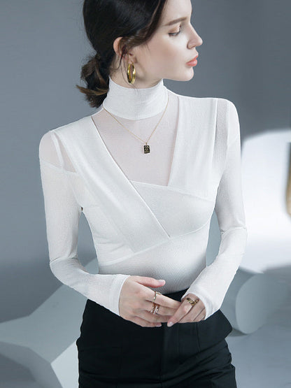 Long Sleeves Skinny Asymmetric Mesh See-Through Shiny Split-Joint Half Turtleneck Blouses&Shirts Tops