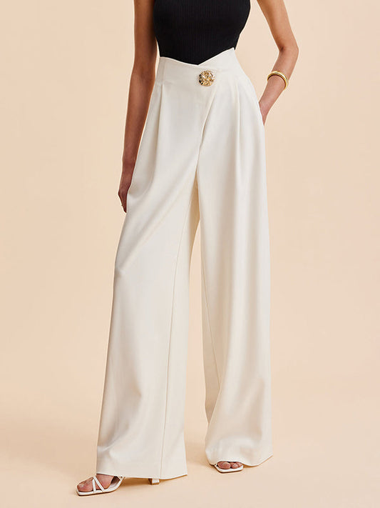 High Waisted Loose Buttoned Pleated Solid Color Pants Trousers