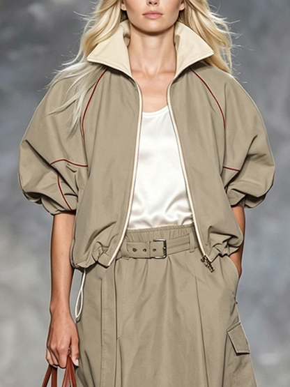 Zipper Drawstring Contrast Color Loose Half Sleeves Lapel Outerwear