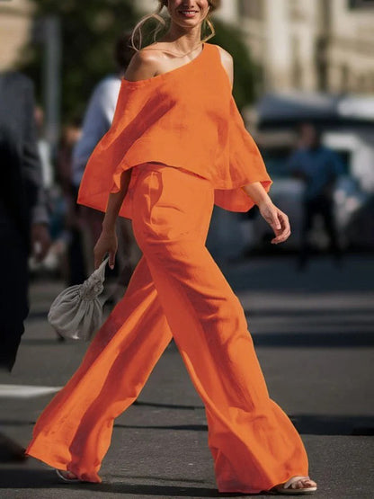 Long Sleeves Loose Hollow Solid Color One-shoulder Blouses&shirts Tops