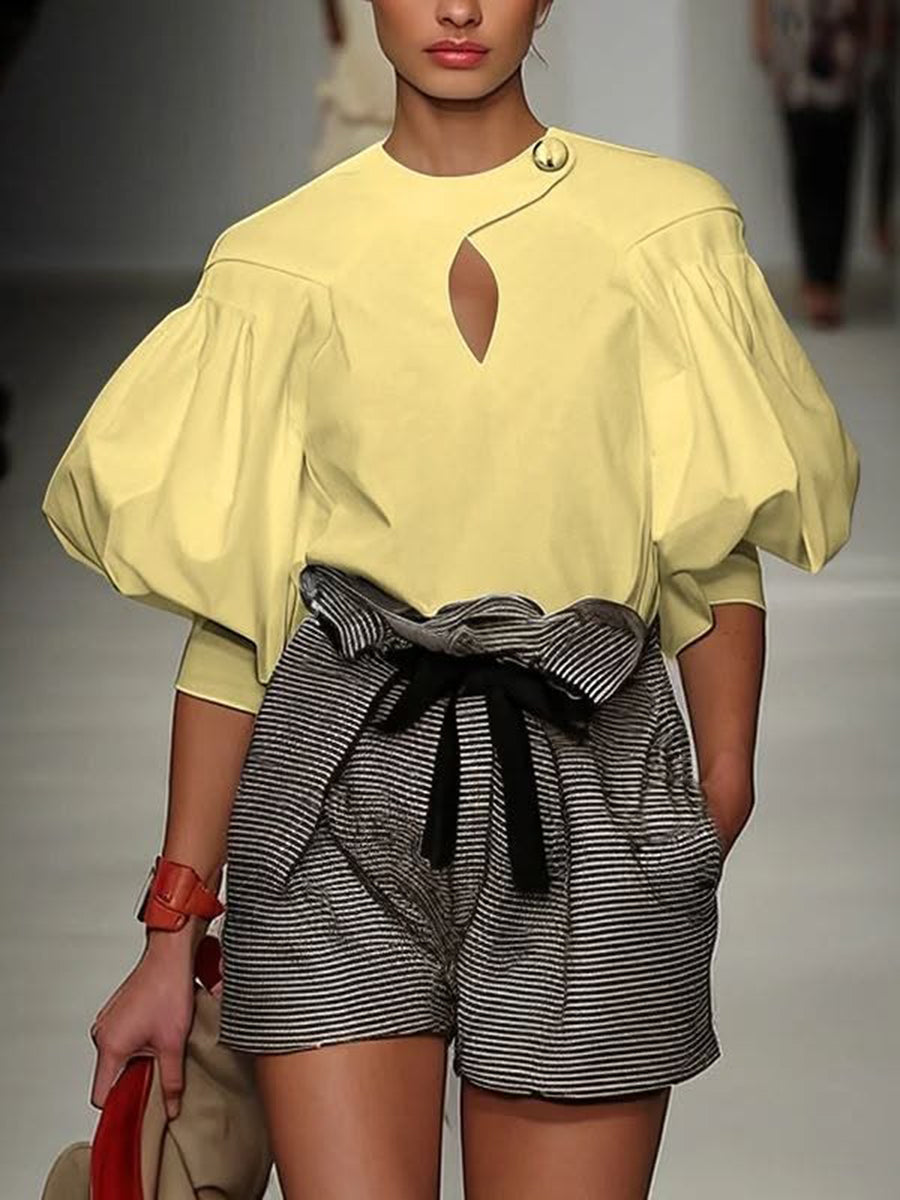 Half Sleeves Puff Sleeves Buttoned Hollow Solid Color Split-Joint Round-Neck Blouses&Shirts Tops