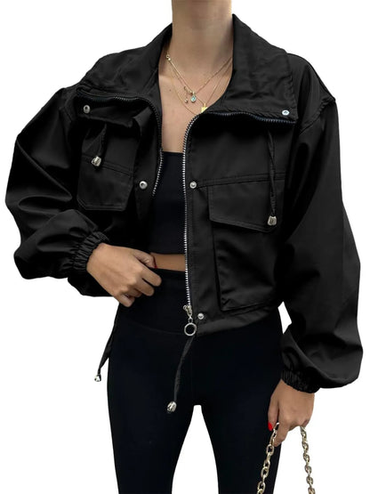 Crop Drawstring Hem Zip Up Jacket