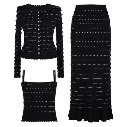 EDNA Knit Top and Cardigan with Midi Skirt Set
