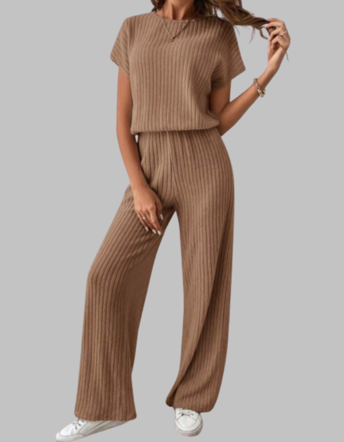 Nora | Women's Ribbed Two Piece Set Short Sleeve Top Wide Leg Pants
