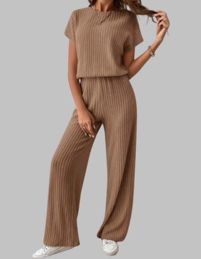 Nora | Women's Ribbed Two Piece Set Short Sleeve Top Wide Leg Pants