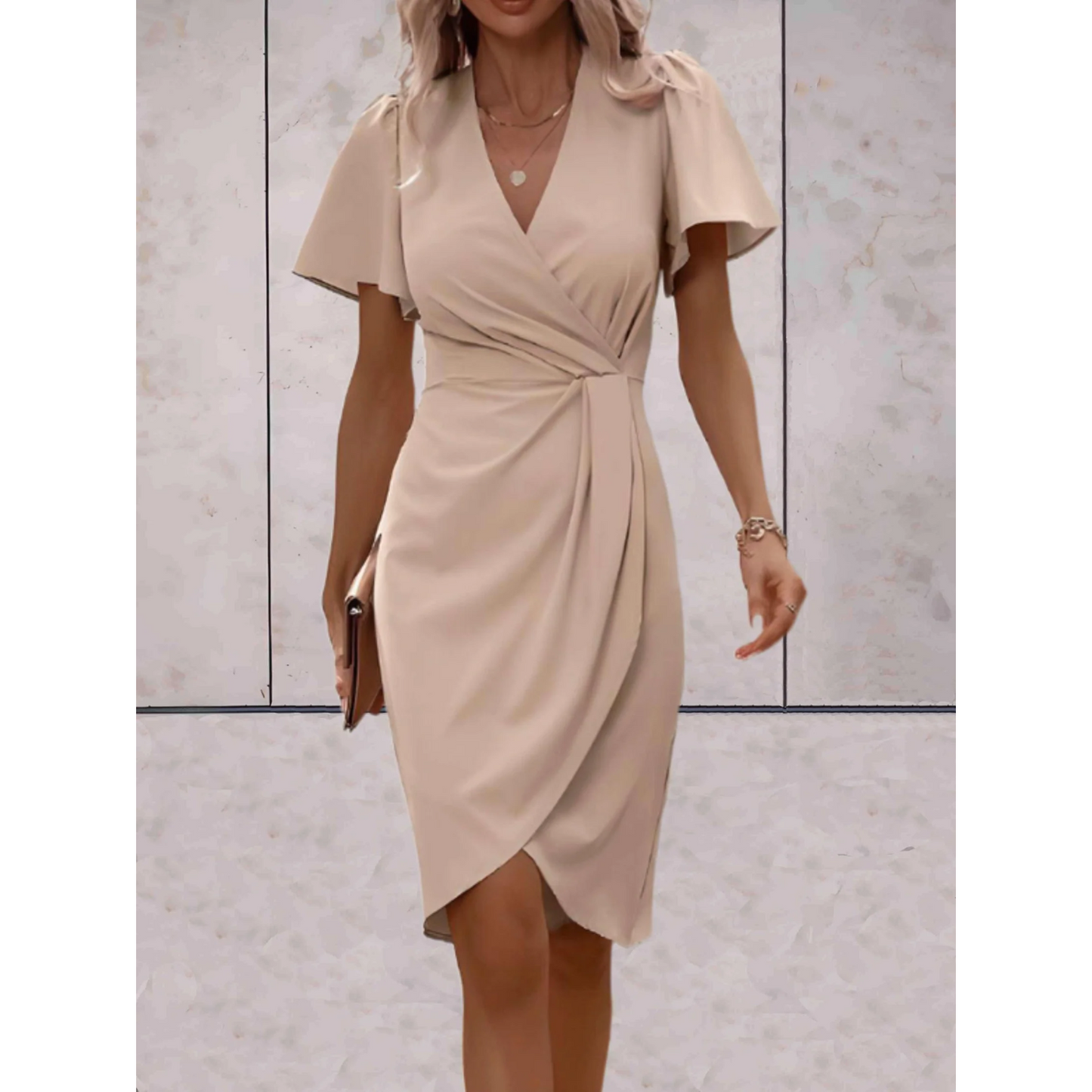 Tara | Women's Wrap Midi Dress Flutter Sleeve V-Neck Bodycon