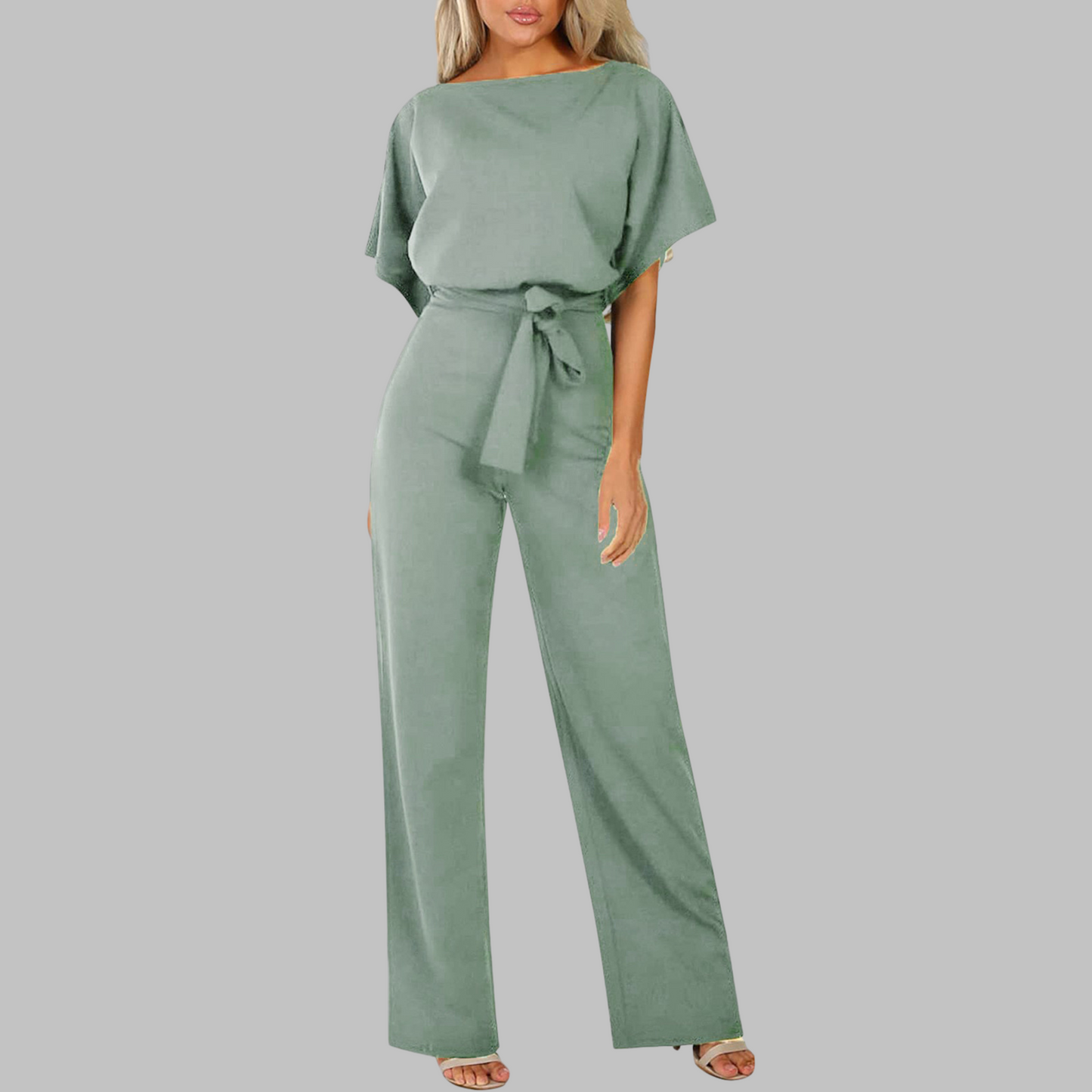 Sunny | Women's Belted Wide Leg Jumpsuit Batwing Sleeve Crewneck