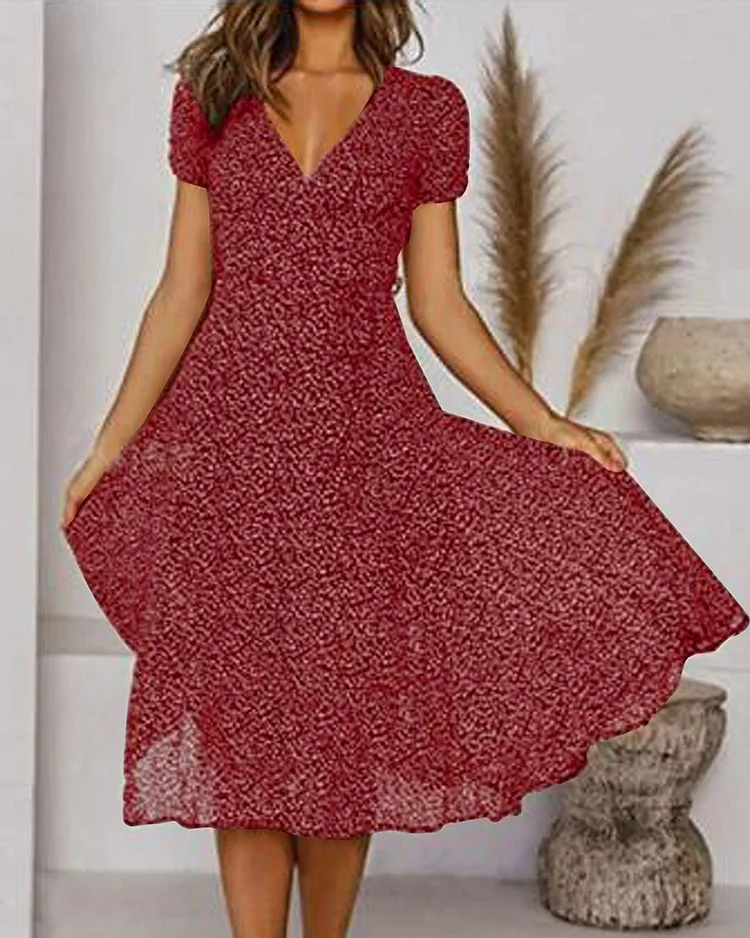 Vivienne | Women's V-Neck Short Sleeve Midi Dress with Print