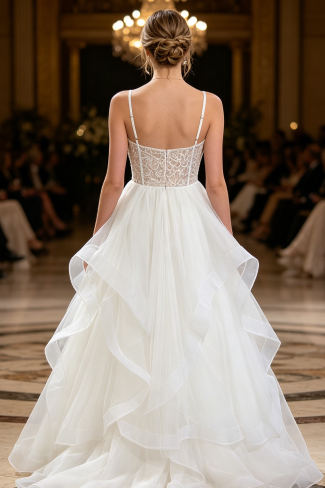 Lanelle Lace Ruffle Tulle Midi Dress