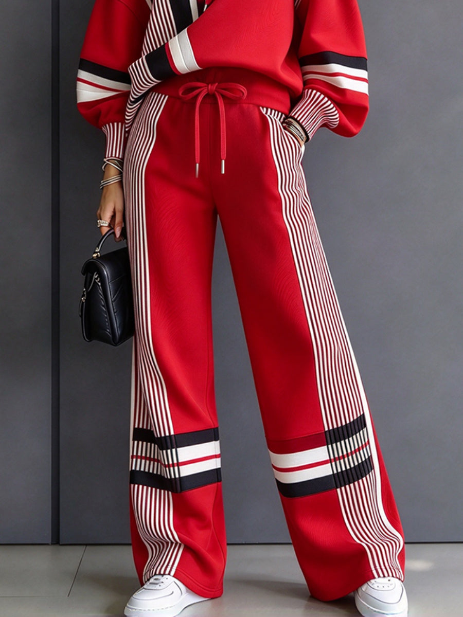 Striped Pockets Drawstring Contrast Color High Waisted Trousers Pants