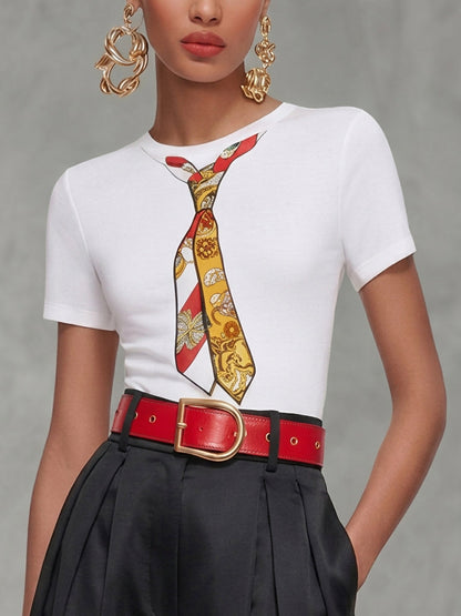 Printed Skinny Short Sleeves Round-Neck T-Shirts Tops