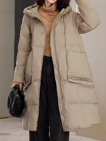 Daunenmantel mit langen Ärmeln, lockeren Taschen, einfarbiger Split-Joint-Kapuze 