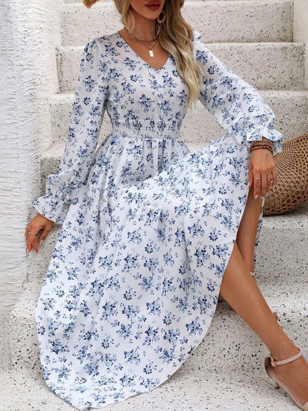 Long Sleeves Loose Elasticity Floral Printed V-Neck Maxi Dresses