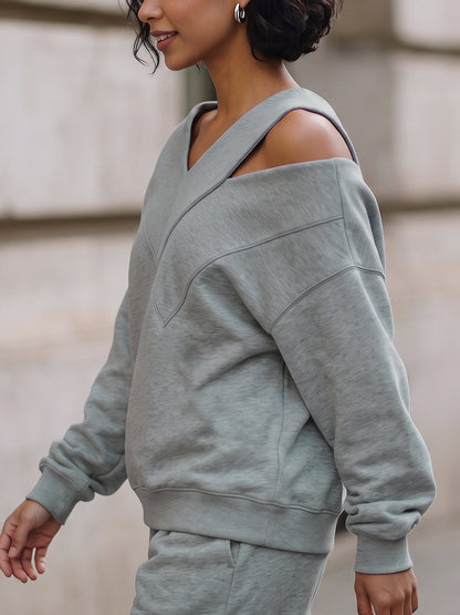 Split-Joint Solid Color Hollow Asymmetric Loose Long Sleeves Cold shoulder Sweatshirt Tops