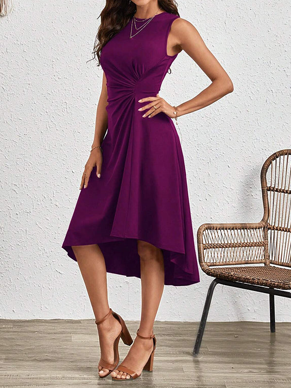 A-Line High Waisted Asymmetric Pleated Solid Color Split-Joint Round-Neck Midi Dresses