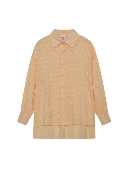 High-Low Long Sleeves Buttoned Jacquard Solid Color Lapel Shirts Top +Shorts Bottom Two Pieces Set