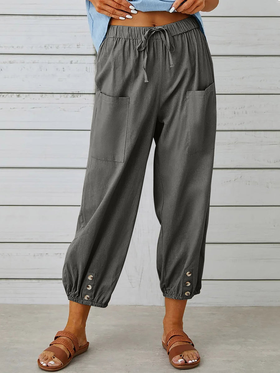 Solid Color Pockets Elasticity Drawstring Buttoned Plus Size High Waisted Trousers Ninth Pants