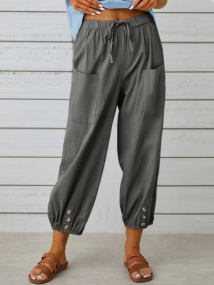 Solid Color Pockets Elasticity Drawstring Buttoned Plus Size High Waisted Trousers Ninth Pants
