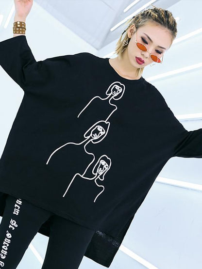 Embroidered Black&White Loose Round-Neck T-Shirt