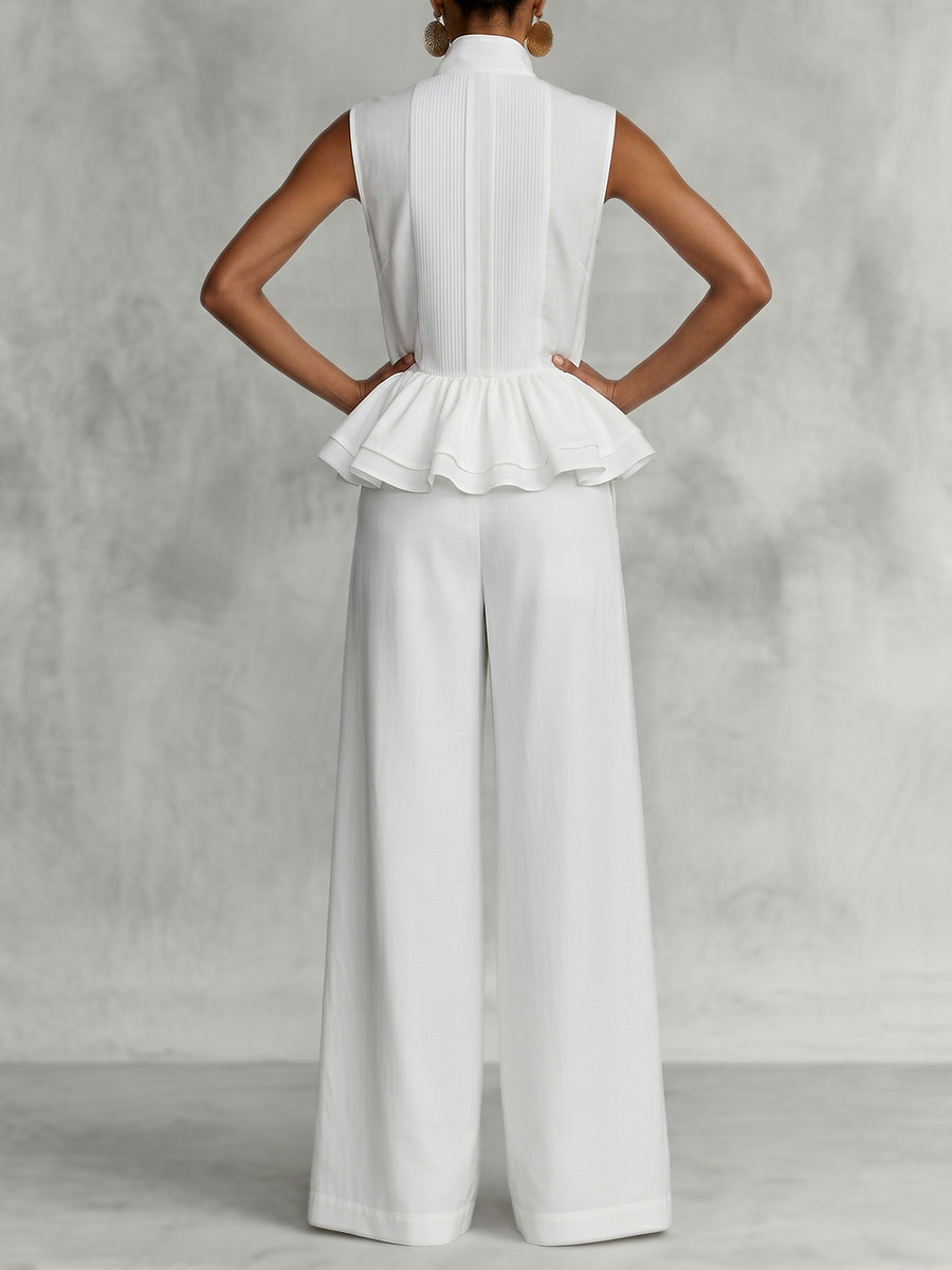 Sleeveless Stand Collar Buttoned Ruffled Peplum Blouses&Shirts Tops + Wide Leg Pockets Casual Pants Bottoms Two Pieces Set