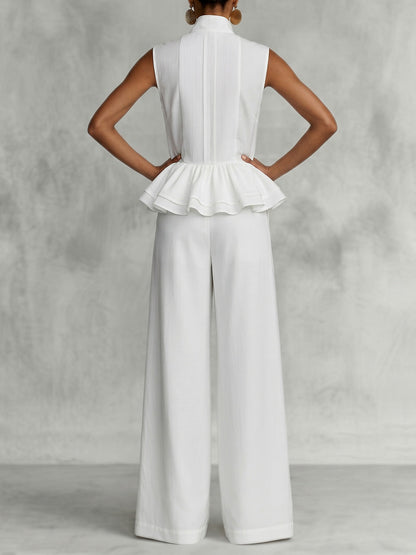 Sleeveless Stand Collar Buttoned Ruffled Peplum Blouses&Shirts Tops + Wide Leg Pockets Casual Pants Bottoms Two Pieces Set