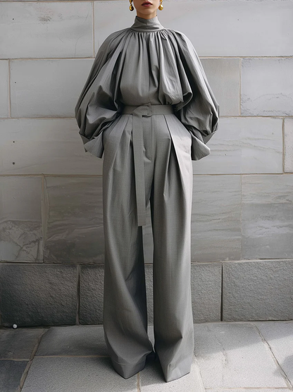 High Waisted Wide Leg Belted Pleated Pockets Solid Color Pants Trousers