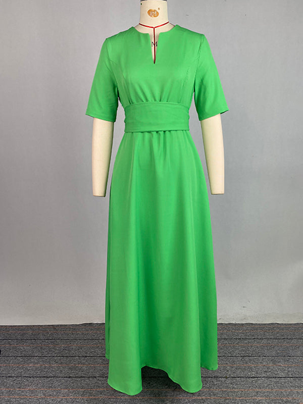 Half Sleeves High Waisted Solid Color Tied Waist V-Neck Maxi Dresses