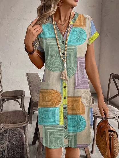 Prism | Women's Geometric Print Mini Dress Button Front V-Neck