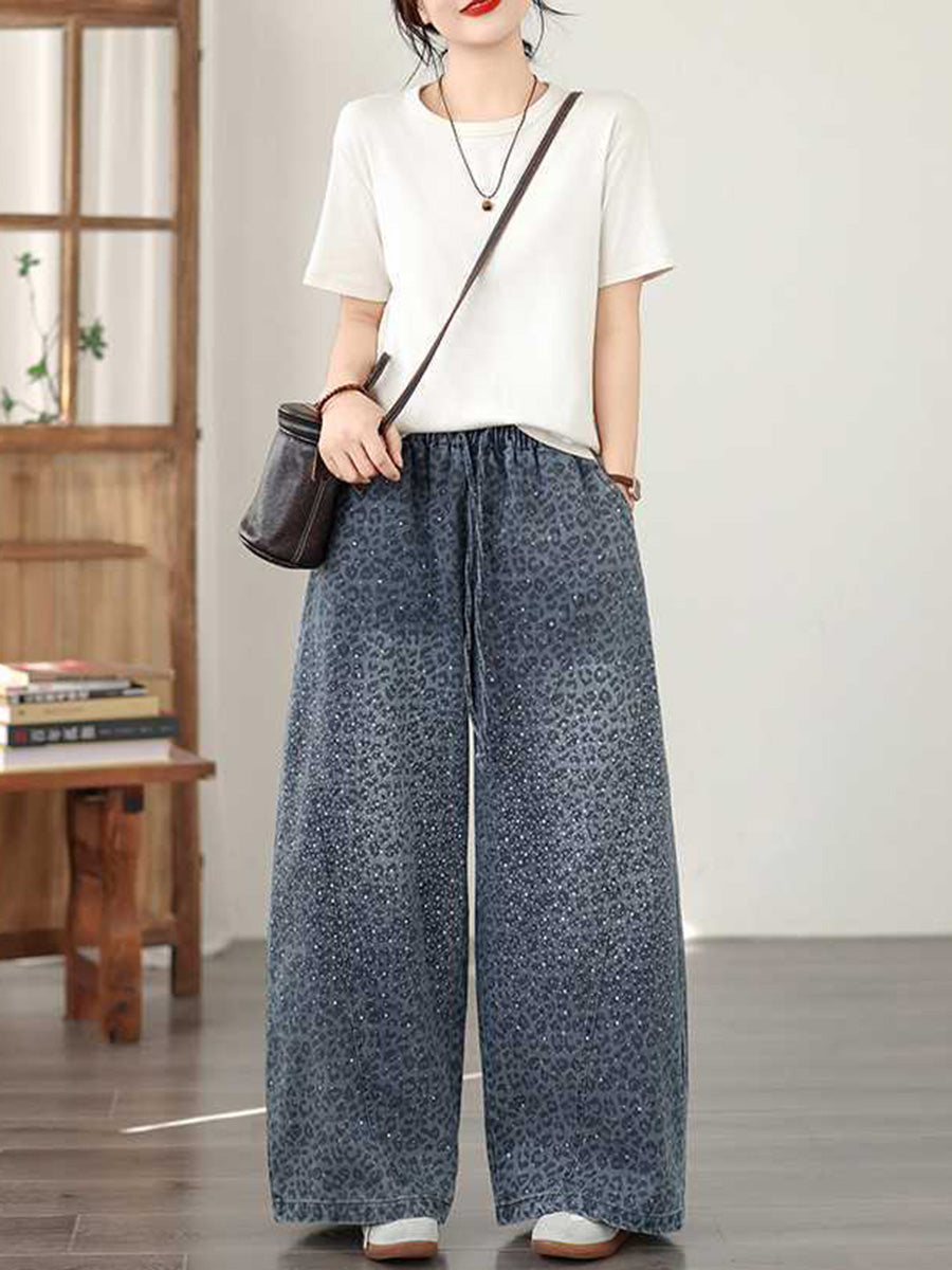 High Waisted Wide Leg Elasticity Leopard Pockets Rhinestone Shiny Solid Color Tied Waist Jean Pants Bottoms