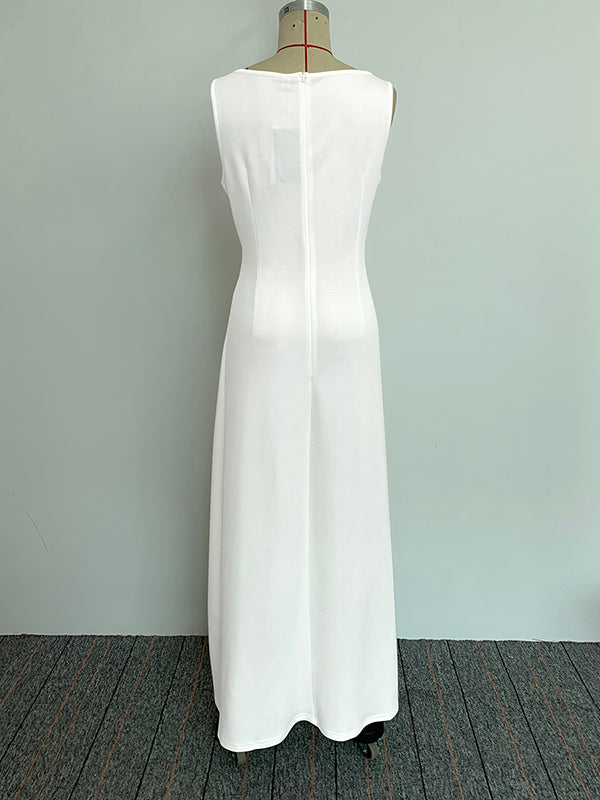 Sleeveless Gauze Pleated Solid Color Split-Joint Round-Neck Evening Dresses Maxi Dresses