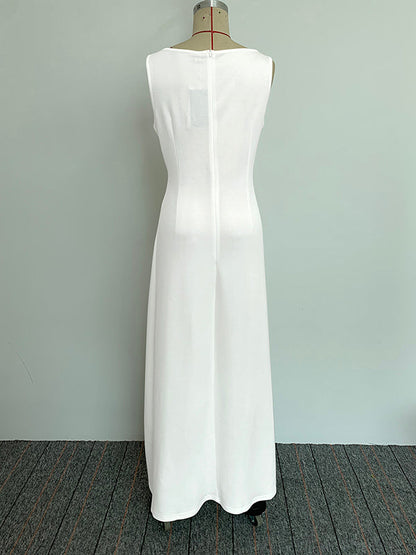 Sleeveless Gauze Pleated Solid Color Split-Joint Round-Neck Evening Dresses Maxi Dresses