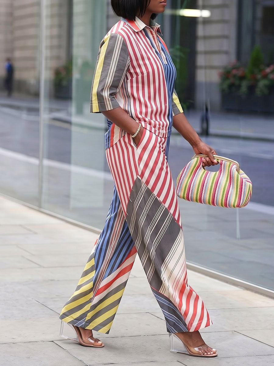 Striped Split-Joint Pockets Wide Leg Loose Trousers Pants