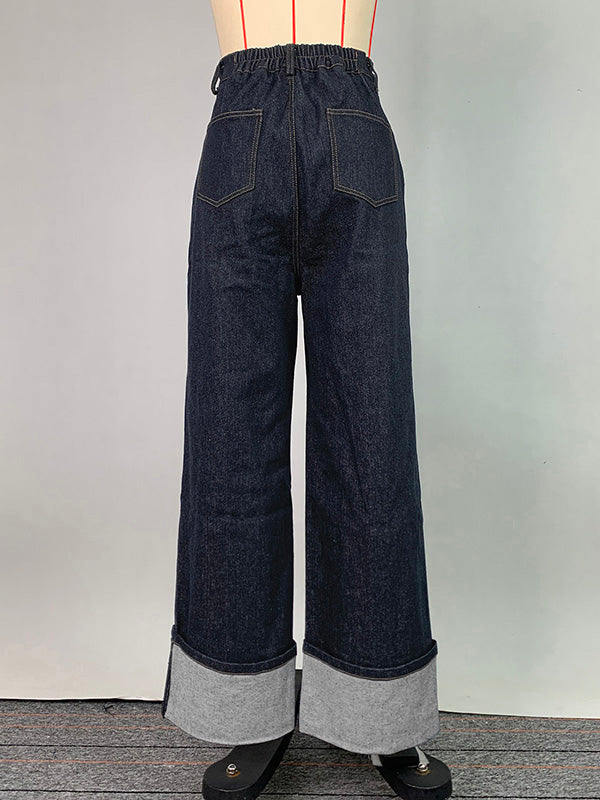 High Waisted Straight Leg Contrast Color Split-Joint Jean Pants Bottoms