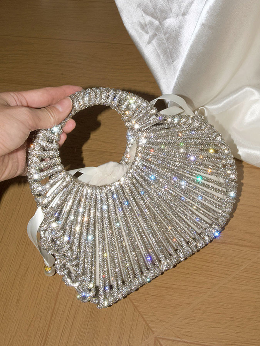 Single-Breasted Shiny Rhinestone Heart Shape Chains Handbags Crossbody Bags