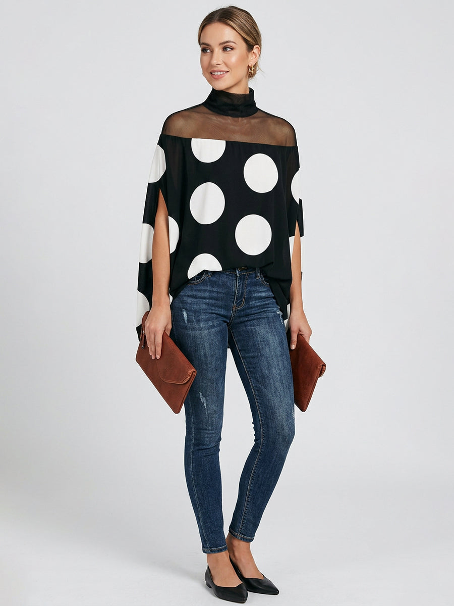 Split-Joint See-Through Polka-Dot Contrast Color Loose Cape High-neck Blouses&shirts Tops