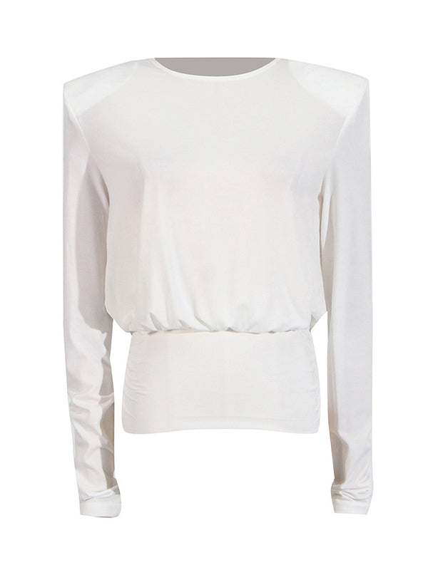 Long Sleeves Backless Shoulder Pad Solid Color Round-Neck Blouses&Shirts Tops