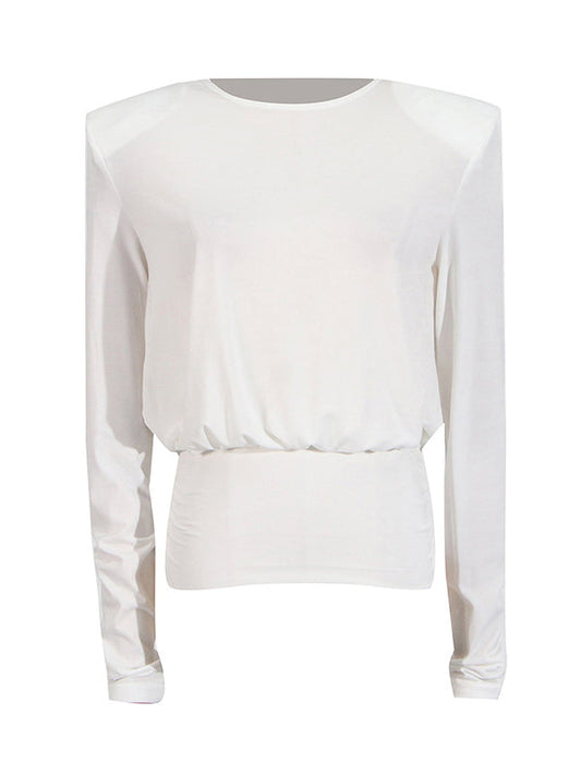 Long Sleeves Backless Shoulder Pad Solid Color Round-Neck Blouses&Shirts Tops