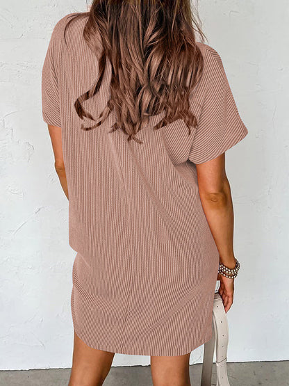 A-Line Loose Contrast Color Pockets Split-Joint Striped Round-Neck Mini Dresses